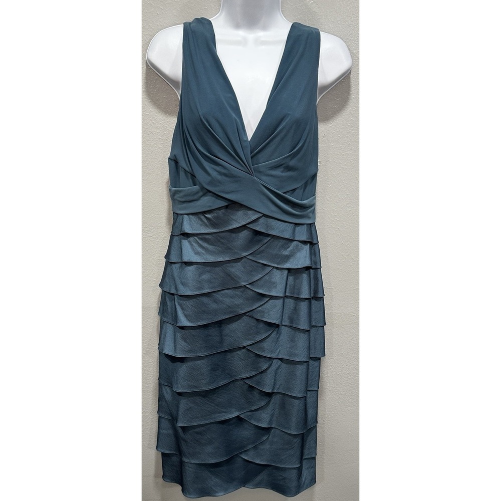 Adrianna Papell Midi Dress 12 Cadet Blue Sleeveless Stretch Layered Zip Formal